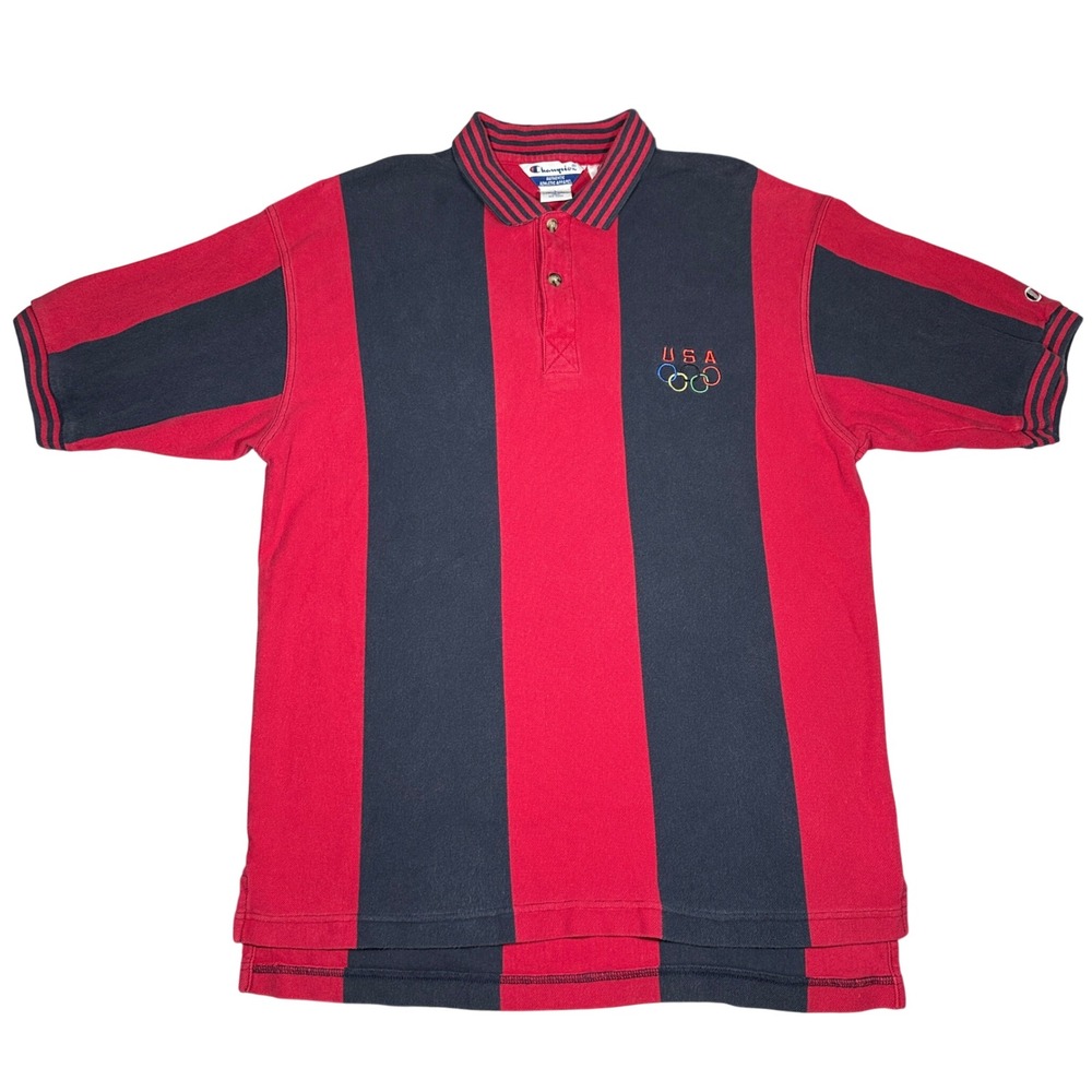 Vintage Champion USA Olympic Polo Shirt Mens Large Red Navy Blue Striped Cotton